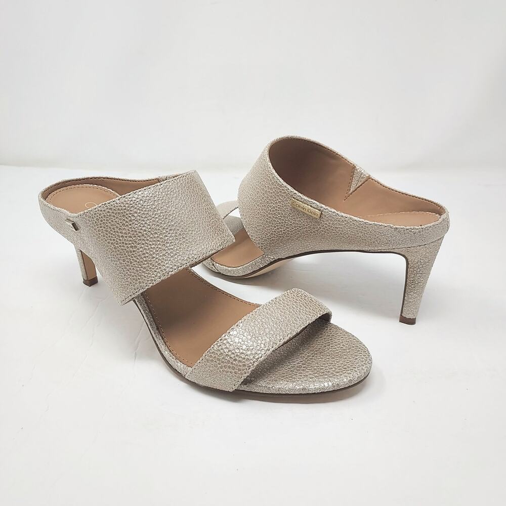 Calvin Klein "Cecily" Metallic Gold Peep Toe Strappy Kitten Heels Size 6.5